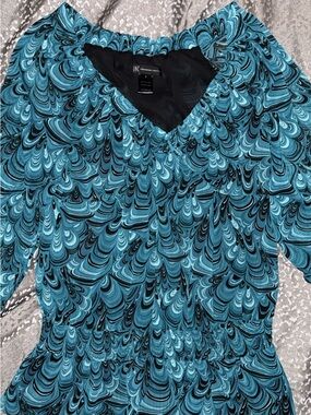 INC International Concepts Teal and Black Swirl V-Neck Blouse